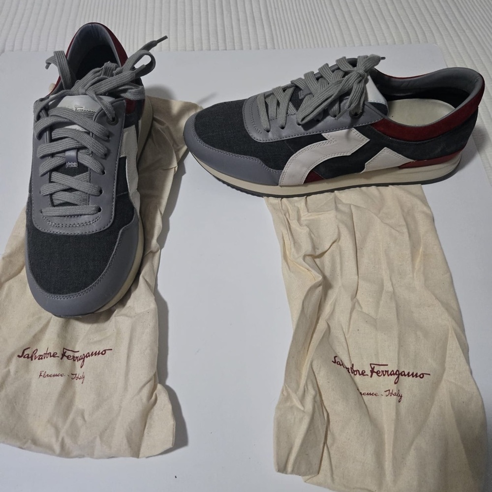 Salvatore Ferragamo Charcoal and Burgundy Sneakers
